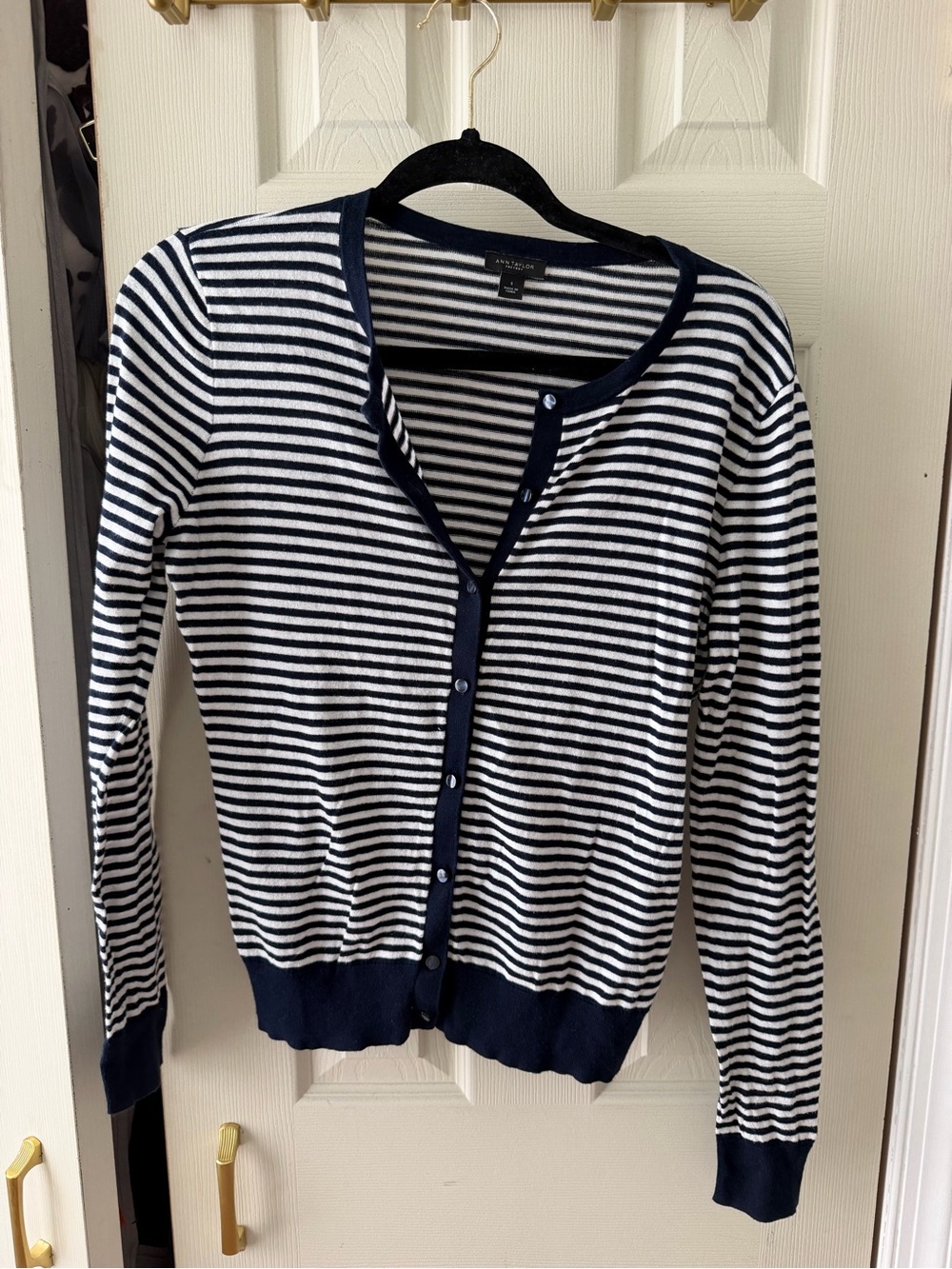 Ann Taylor Navy and White Striped Button-Front Cardigan